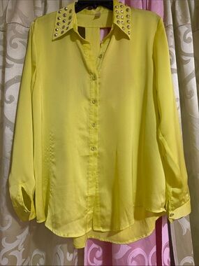 LG Yellow Stud-Embellished Collared Button-Down Blouse